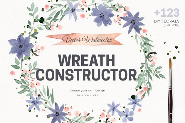 水彩矢量花圈素材 Watercolor Vector Wreath Constructor