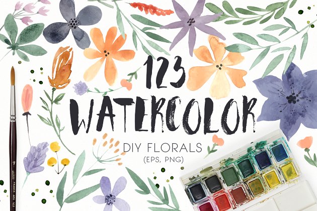 123个水彩DIY花卉素材 123 DIY Watercolor Flowers (EPS,PNG)