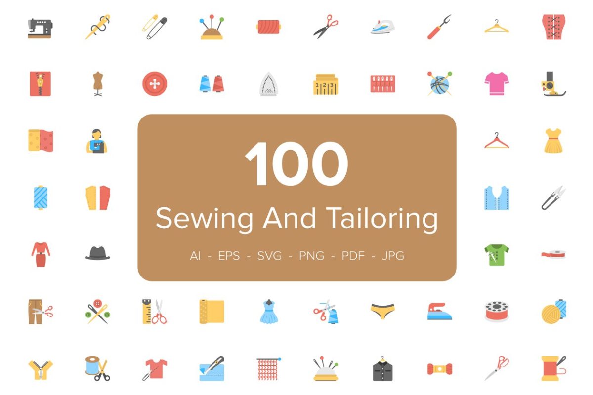 缝纫和裁剪工具图标 Flat Sewing And Tailoring Tool Icons