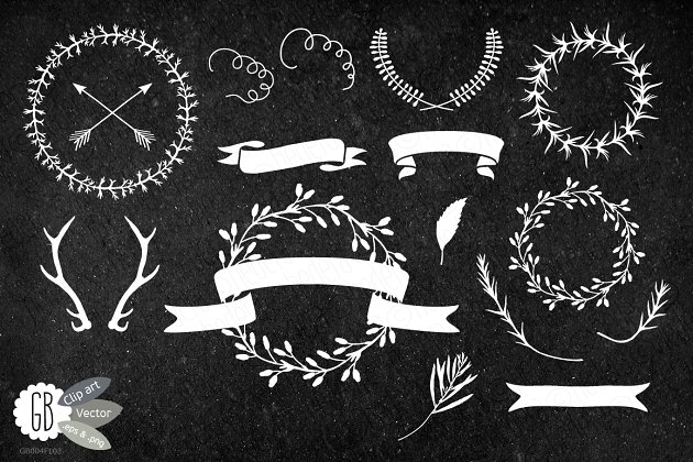 黑板插画素材 Chalkboard wreaths, laurels, ribbons
