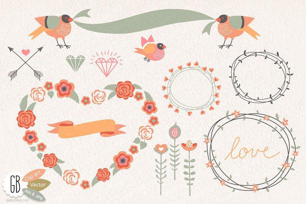玫瑰花图形插画 Love roses wreaths heart clip art
