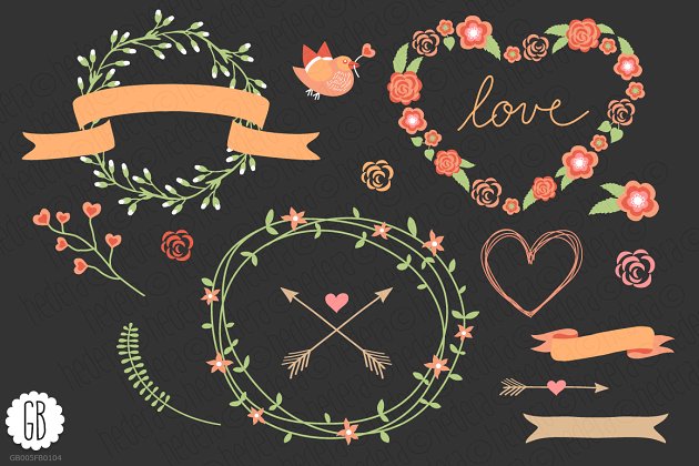 爱的花环玫瑰爱心图形 Love wreaths roses heart clip art