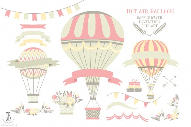 粉丝热气球卡通素材 Pink hot air balloons clip art