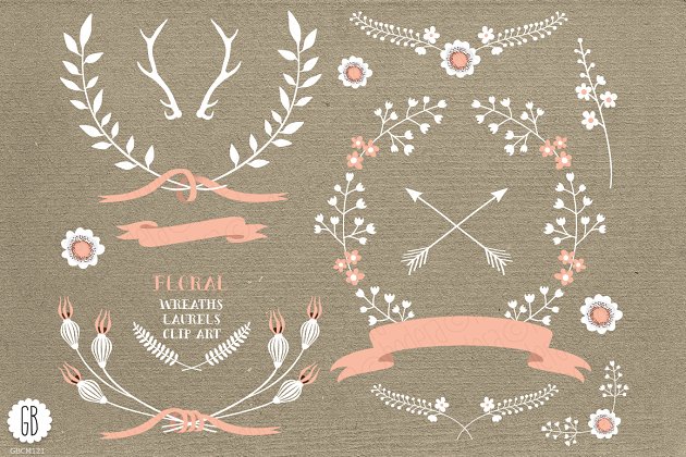 花卉花圈图形 Floral wreaths laurels ribbons cream