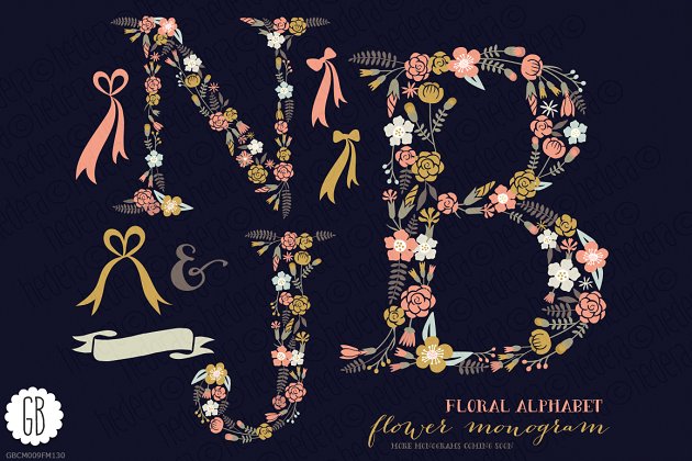 花卉字体素材 Floral letters, monogram, floral NJB