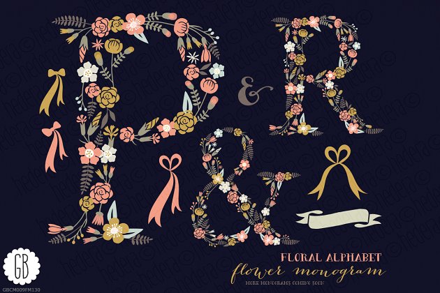 花卉字体 Floral letters, monogram, floral PR&