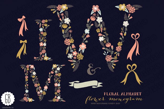 字母花卉插画 Floral letters, monogram, floral WMI