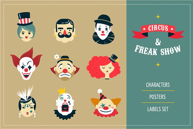 马戏团图标海报模板 Freak Show, circus icons & posters