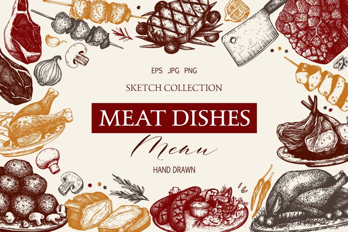 经典的食物主题绘画 Vintage Meat Dishes Design Menu