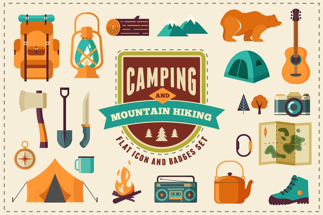 露营野营徒步素材包 Camping & Hiking flat icon set