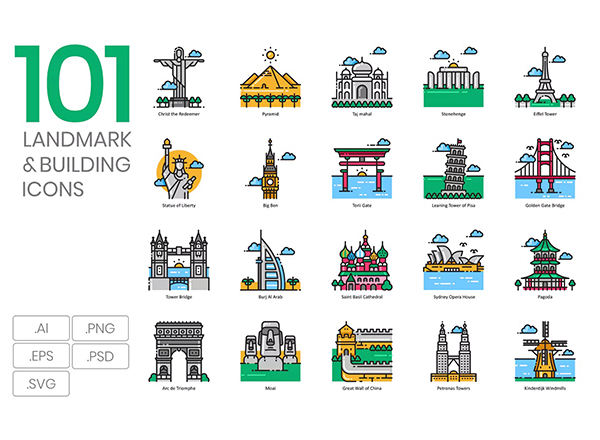 ICONS | 100个矢量精美高品质世界各地著名景点地标建筑旅游热点元素图标