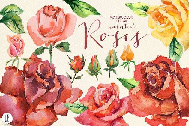 红色水彩玫瑰画素材 Aquarelle red watercolor roses