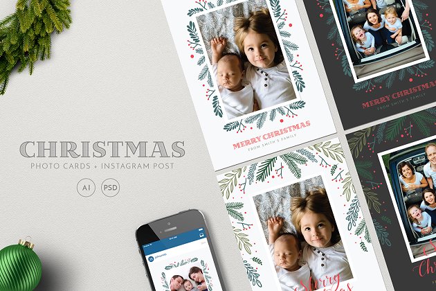圣诞节卡片模板 Christmas Photo Cards + Instagram