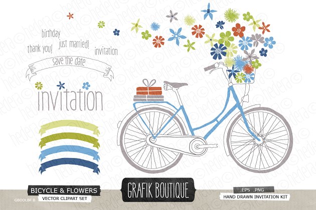带有花卉的自行车插画 Bicycle with flowers blue