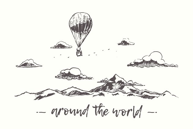 热气球山景手绘素描素材 Air balloons flying over mountains