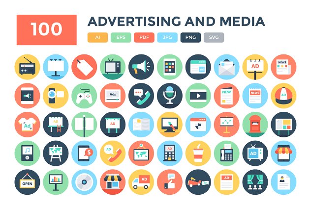 100扁平化广告和媒体图标 100 Flat Advertising and Media Icons