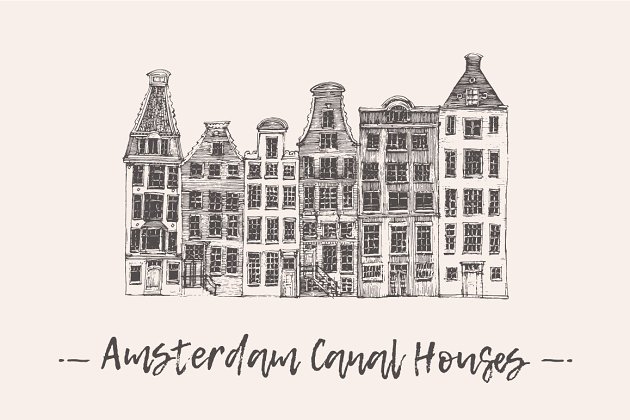 一套阿姆斯特丹运河房屋素描素材 Set of Amsterdam Canal Houses