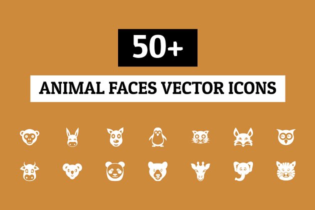 50+动物面部矢量图标 50+ Animal Faces Vector Icons