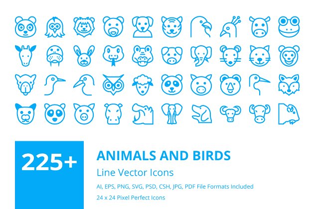 255+可爱的动物鸟类线型图标合集 225+ Animals and Birds Line Icons