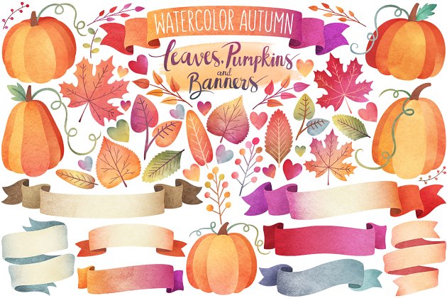 秋季叶子banner图形素材 Watercolor Autumn Leaves & Banners