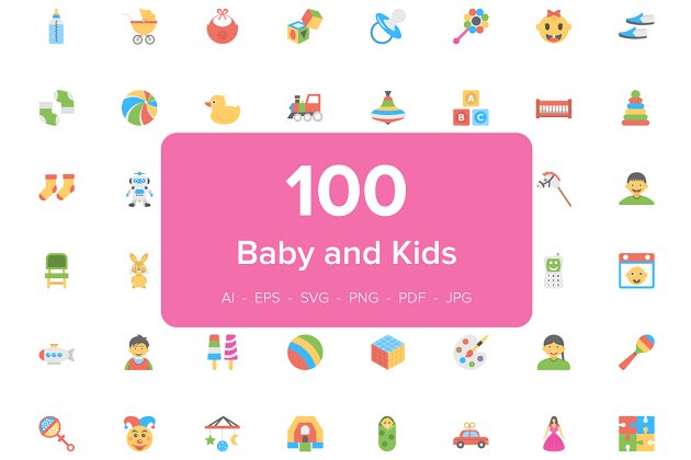 婴儿矢量图标 100 Flat Icons Set of Baby and Kids