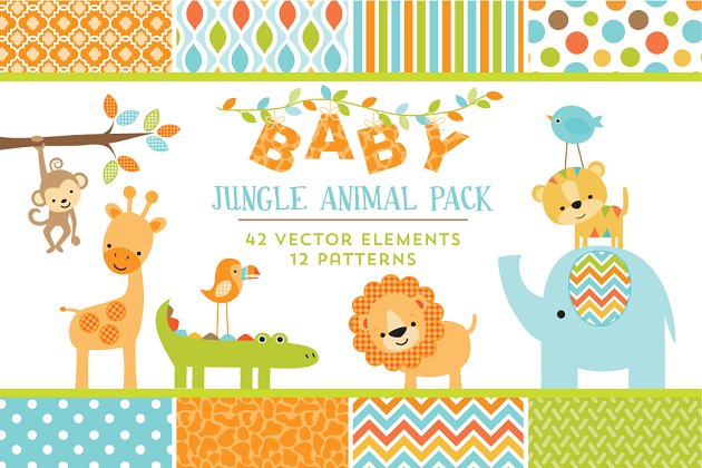卡通婴儿动物插画 Baby Jungle Animal Graphics Patterns