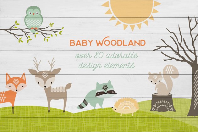 可爱的Baby森林主题卡通元素素材 Cute Baby Woodland Graphics