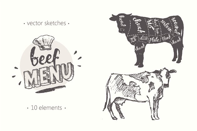 奶牛素描插画 Design elements for a beef menu