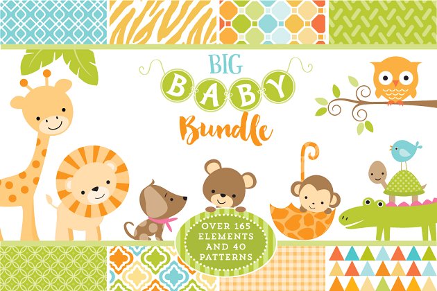 BABY卡通动物图形矢量素材和背景纹理 Baby Bundle of Graphics & Patterns