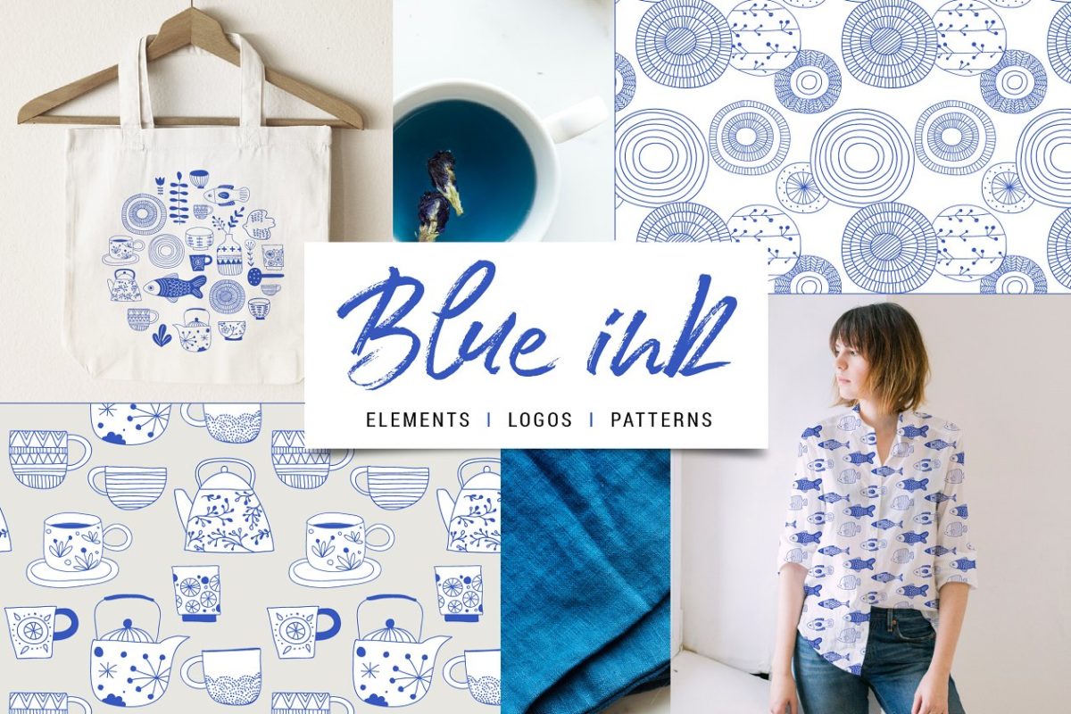 蓝色模式绘制的青瓷装饰画背景纹理 Blue ink collection