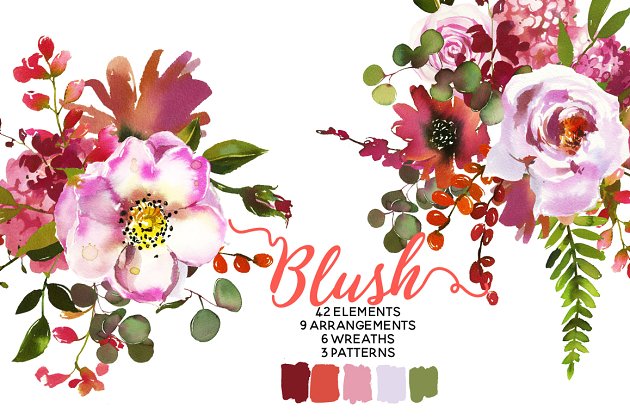 粉红水彩花卉素材 Blush Pink Coral Watercolor Flowers