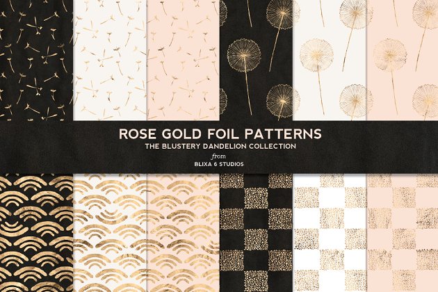 蒲公英玫瑰金箔花纹背景纹理 Dandelion Rose Gold Foil Patterns