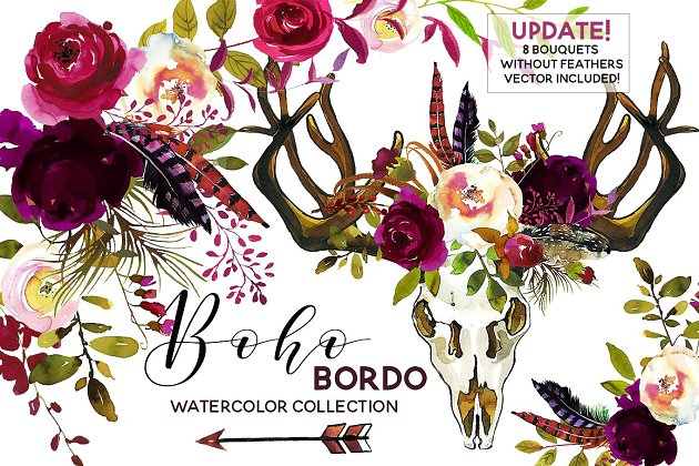 波希米亚式花卉水彩 Boho Bordo Watercolor Flowers