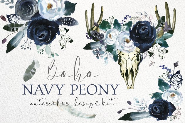 波西米亚风海军牡丹花艺设计套件 Boho Navy Peony Floral Design Kit