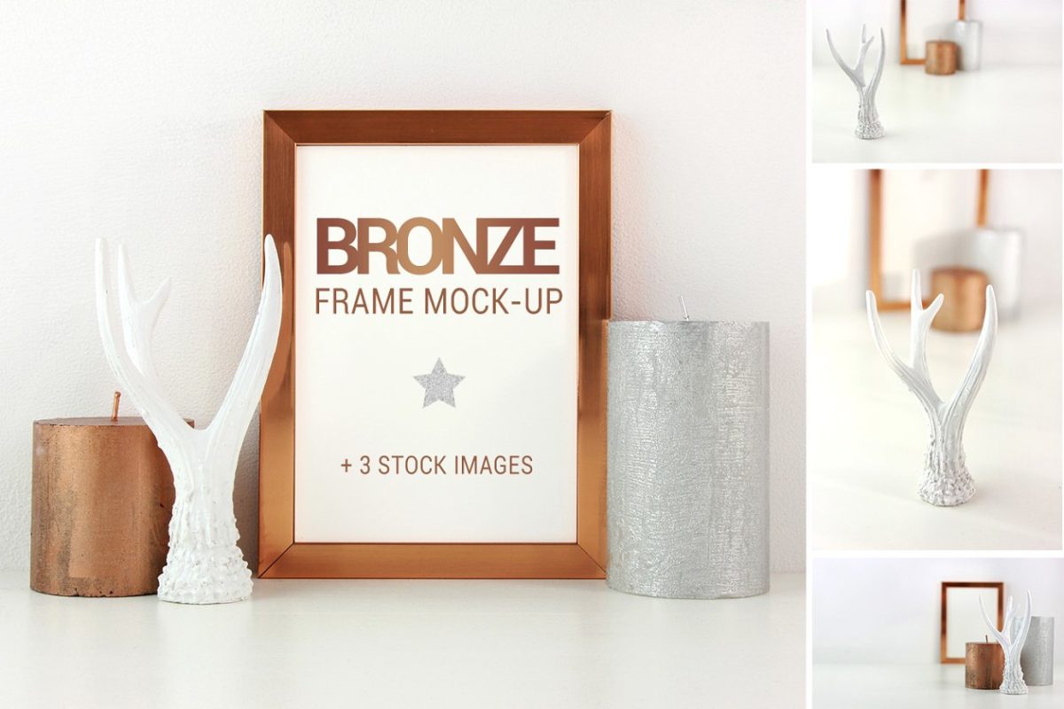 高端整洁的画框样机 Bronze frame mockup + stock photos