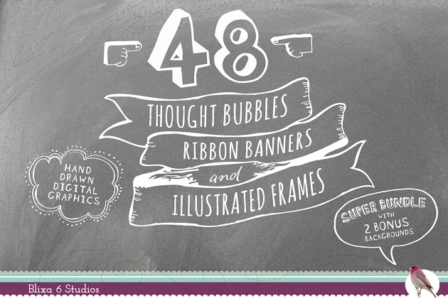 粉笔质感的丝带图形和框架素材 Bubbles Ribbons & Frames Superbundle