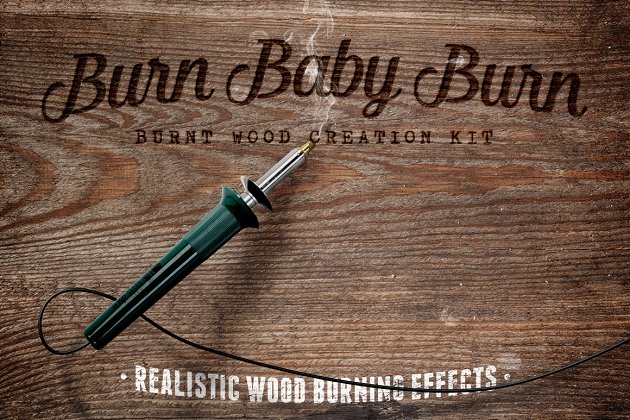 木板燃烧雕刻图层样式素材 Burn Baby Burn Woodburning FX Kit
