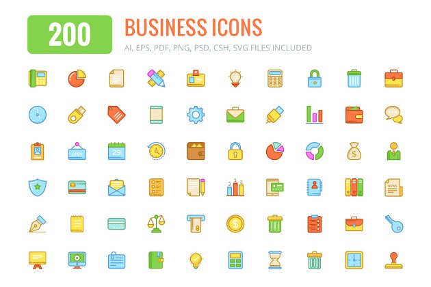 200个商业彩色和线条图标 200 Business Colored and Line Icons