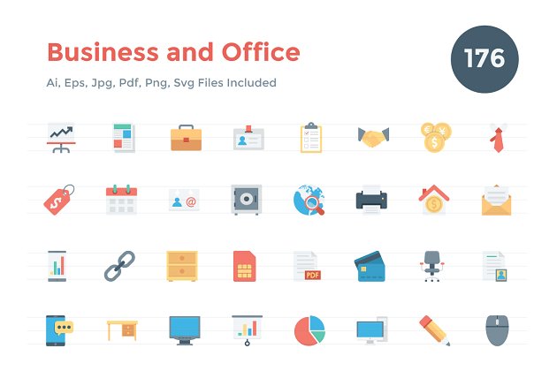 176个商业和办公图标套装 176 Flat Business and Office Icons
