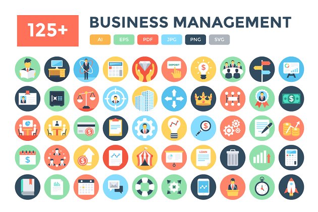 125+平面商业管理图标 125+ Flat Business Management Icons