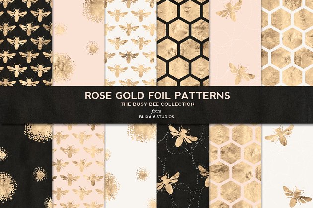 蜜蜂蜂巢玫瑰金数字背景纹理素材 Busy Bee Rose Gold Digital Patterns