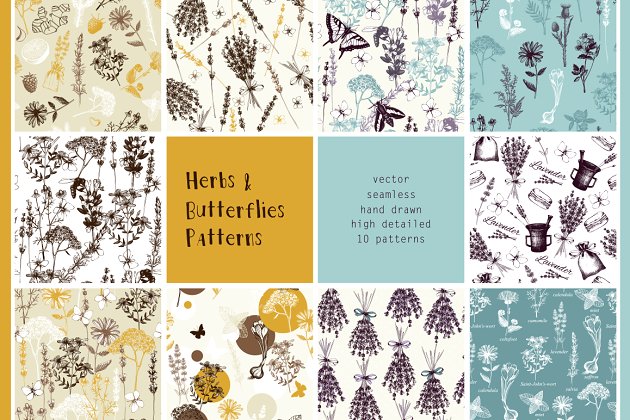 10种草药和蝴蝶图案 10 Herbs & Butterflies Patterns