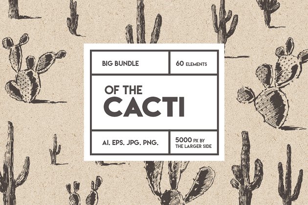 素描仙人掌素材 Big cacti bundle, sketch style