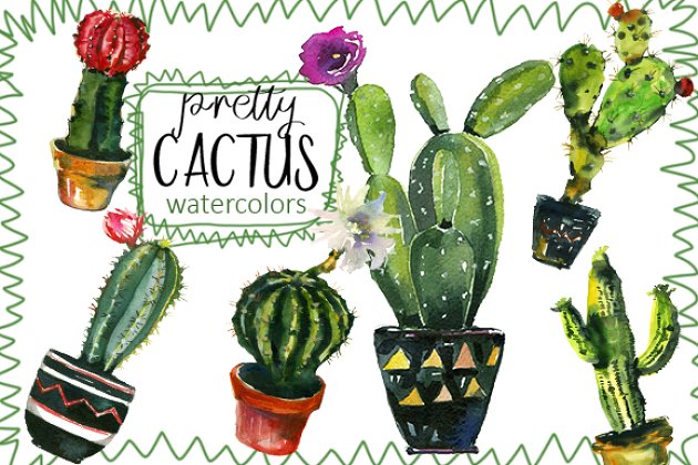 漂亮的仙人掌水彩画素材 Pretty Cactus Watercolor Clipart Set