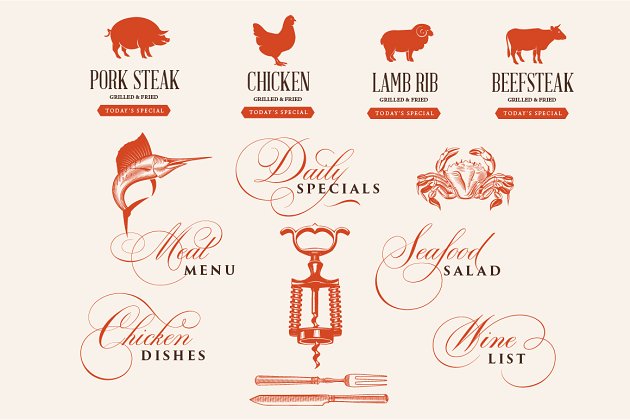 饭店餐厅菜单特色手写图形和字体 Restaurant Menu Lettering & Graphics
