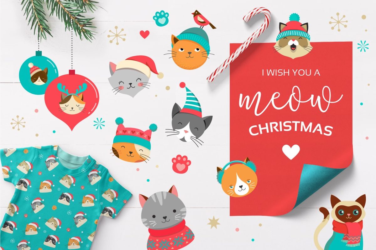 可爱的圣诞节元素插画 Cute Christmas Cats Bundle