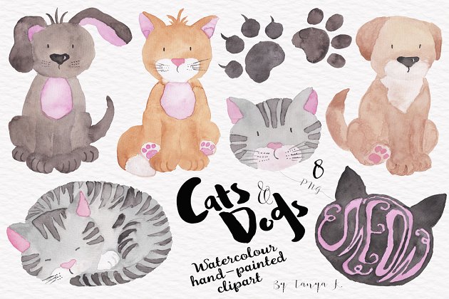 可爱的猫和狗的卡通水彩画素材 Cats and Dogs Watercolour Clipart