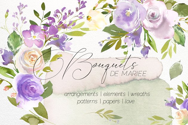 紫色水彩花卉素材 Bouquets de Mariee Watercolor Set