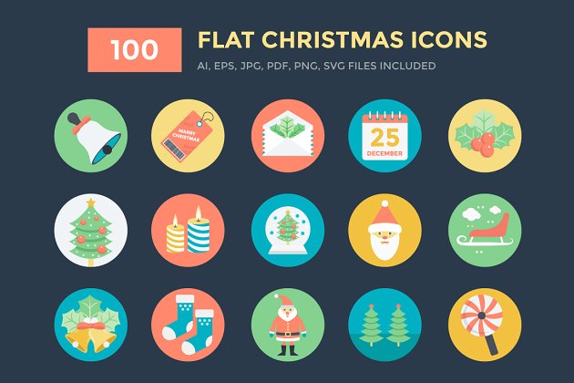 100个圣诞矢量图标下载 100 Flat Christmas Vector Icons