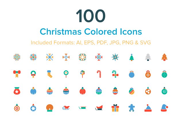 100个圣诞节主题彩色图标 100 Christmas Colored Icons